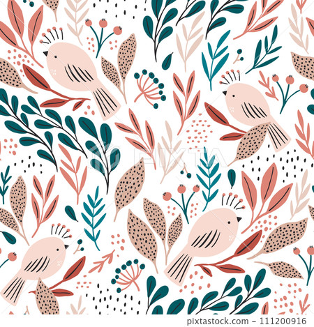 Seamless botanical pattern with cute birds and floral surrounding. Seamless botanical pattern with cute birds and floral surrounding. 111200916