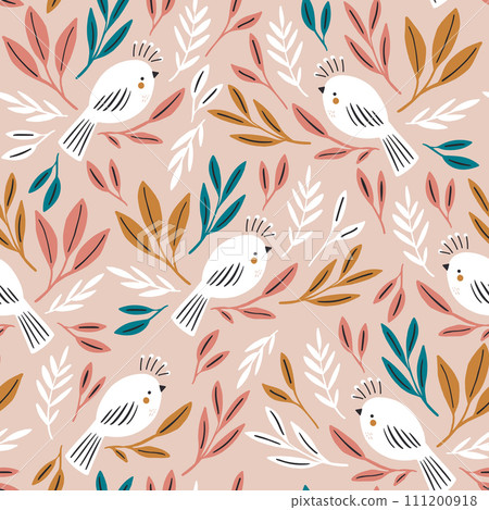 Seamless botanical pattern with white birds and delicate colorful leaves. Seamless botanical pattern with white birds and delicate colorful leaves. 111200918