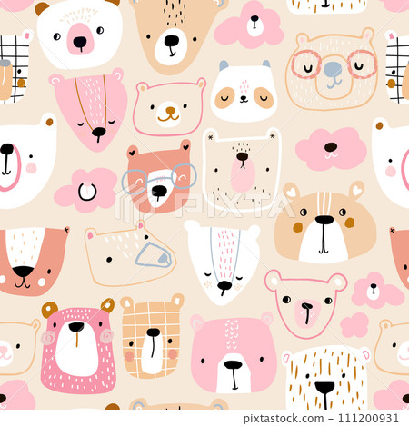 Creative childish pattern with cute pink bears, clouds, pandas.  111200931