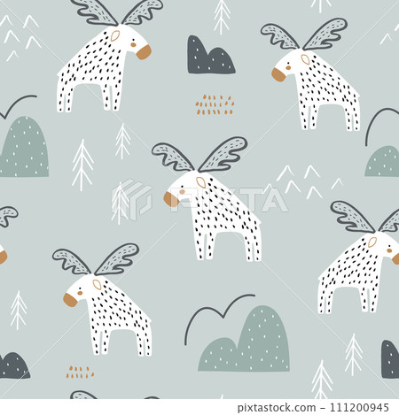 Seamless childish pattern with cartoon moose and hand drawn shapes. Seamless childish pattern with cartoon moose and hand drawn shapes. 111200945