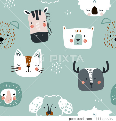 Seamless childish pattern with cute animals heads. Modern cartoon dog, cat, bear, monkey,dear . Seamless childish pattern with cute animals heads. Modern cartoon dog, cat, bear, monkey,dear . 111200949