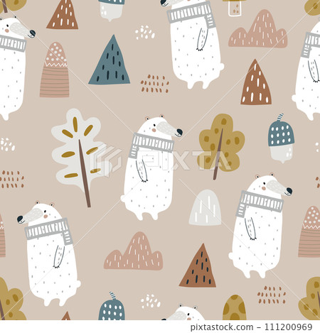 Creative childish pattern with bear in autumn forest. Seamless vector woodland texture.  111200969