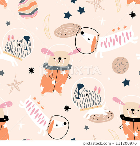 Seamless childish pattern with funny dogs astronauts. Space girlish texture with cute pets.  111200970