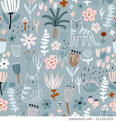 Seamless childish pattern with cute hand drawn cats and flowers. 111201010