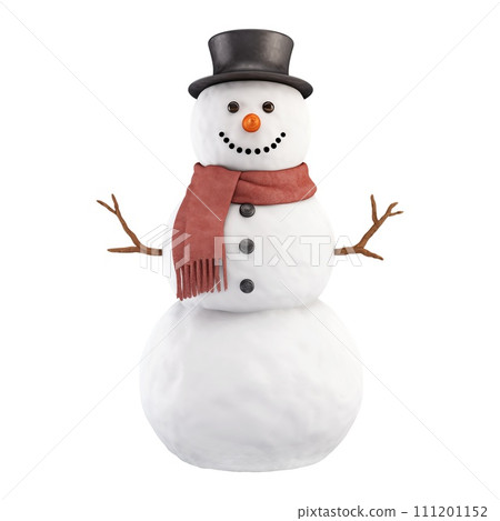 AI-generated content. Illustration of a snowman with black hat cut out on a transparent background. Winter fun. Snowman with a black hat and brown scarf on a white background. Design element to be AI-generated content. Illustration of a snowman with black hat cut out on a transparent background. Winter fun. Snowman with a black hat and brown scarf on a white background. Design element to be 111201152