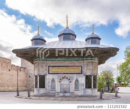 Fountain of Sultan Ahmed III, 17th century water fountain, near the Imperial Gate of Topkapi Palace, Istanbul, Turkey Fountain of Sultan Ahmed III, 17th century water fountain, near the Imperial Gate of Topkapi Palace, Istanbul, Turkey 111201582