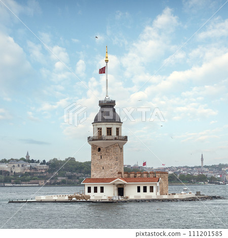 Maiden's Tower or Kiz Kulesi located in a small islet in Bosphorus near the coast of Uskudar district, Istanbul, Turkiye 111201585