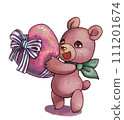 Teddy bear with a heart-shaped present 111201674