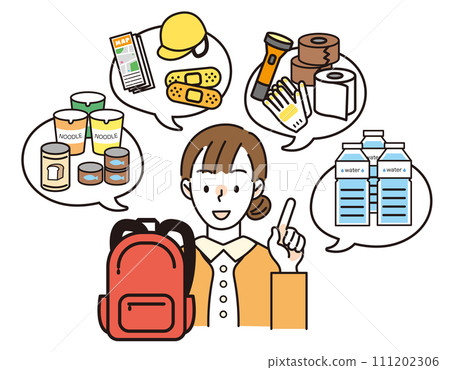 一位女士正在思考防災背包中的物品 一位女士正在思考防災背包中的物品 111202306