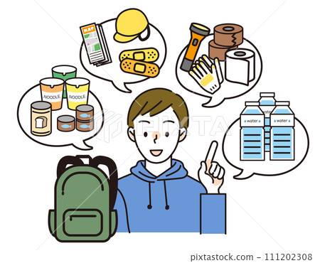 A man thinking about the contents of his disaster prevention backpack 111202308