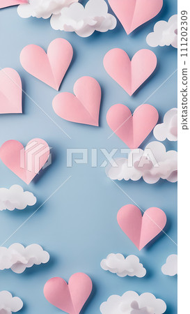 AI-generated content. paper hearts on white soft pink color, paper hearts in the clouds, valentines day concept, fantasy dream holiday, love paper heart in the clouds, festive valentine, saint 111202309