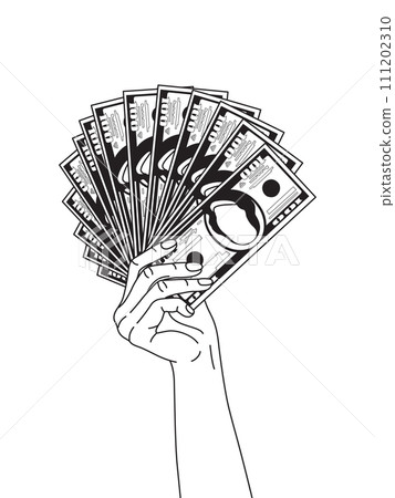 Monochrome Female Hand Holding a Fan of Dollar Banknotes 111202310