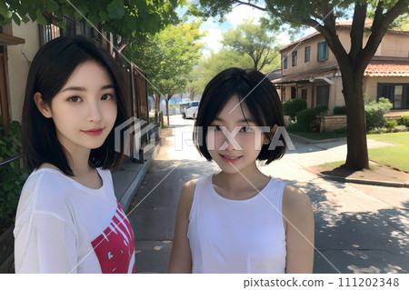 公園裡兩個微笑的女人 [AI 生成圖像] 111202348