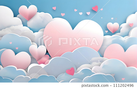 AI-generated content. paper hearts on white soft pink color, paper hearts in the clouds, valentines day concept, fantasy dream holiday, love paper heart in the clouds, festive valentine, saint 111202496