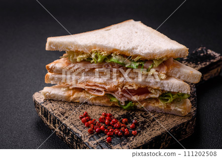 Delicious nutritious sandwich with toast bread, ham, tomatoes, cheese and sauce 111202508