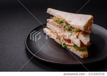 Delicious nutritious sandwich with toast bread, ham, tomatoes, cheese and sauce 111202510