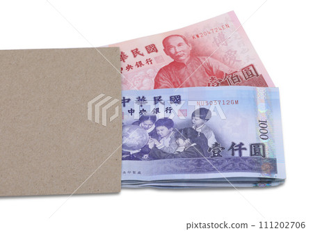 Taiwan dollar in brown envelope isolated on white background 111202706