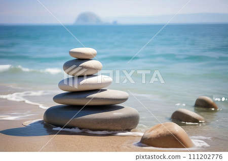 Tranquil Coastal Yoga: Serene Beach Balance and Meditation Amidst Nature's Harmony. Generative AI. 111202776