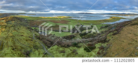 Aerial view of Castlegoland hill by Portnoo - County Donegal, Ireland. Aerial view of Castlegoland hill by Portnoo - County Donegal, Ireland. 111202805