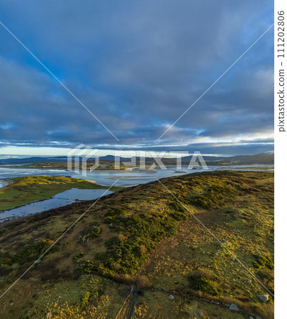 Aerial view of Castlegoland hill by Portnoo - County Donegal, Ireland. 111202806