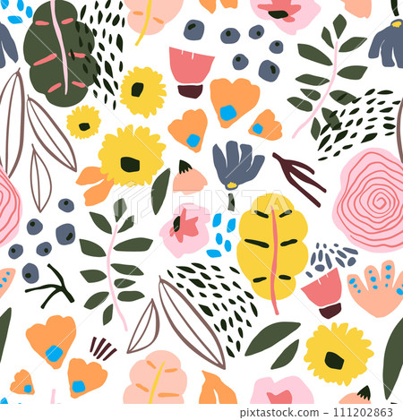 Seamless floral pattern. Botanical texture with flowers, berry, branches, leaves. Modern hand drawn floral background. Vector illustration Seamless floral pattern. Botanical texture with flowers, berry, branches, leaves. Modern hand drawn floral background. Vector illustration 111202863