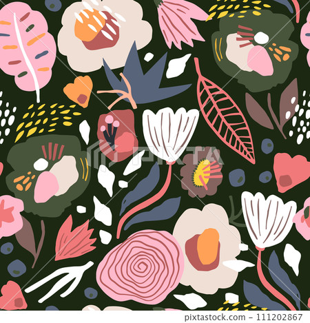 Seamless autumn floral pattern with flowers, leaves. Creative botanical abstract texture with. Great for fabric, textile vector illustration. Seamless autumn floral pattern with flowers, leaves. Creative botanical abstract texture with. Great for fabric, textile vector illustration. 111202867