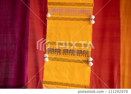 Colorful Tai Lue woven fabric from northern of Thailand. (Selective focus). 111202878