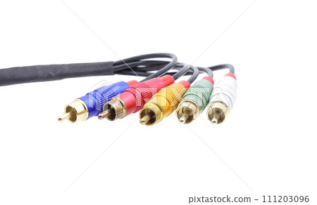 Multicolored AV cable connectors isolated on white background. 111203096