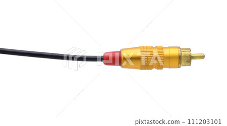 Gold colored AV cable connector isolated on white background. Gold colored AV cable connector isolated on white background. 111203101