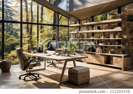 Workspace with spacious, ergonomic desk. Ergonomic furniture design with clean lines Workspace with spacious, ergonomic desk. Ergonomic furniture design with clean lines 111203338
