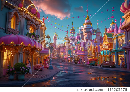 Magical kingdom at dusk, where the buildings are made of candy and the streets are paved with gold Magical kingdom at dusk, where the buildings are made of candy and the streets are paved with gold 111203376