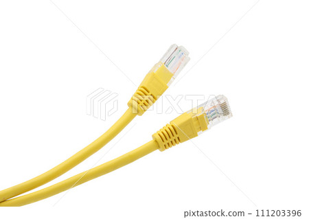 Yellow network cables with molded RJ45 plug on transparent background (PNG File). 111203396