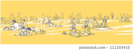 Illustration of people relaxing, sunbathing, having picnic in warm weather Illustration of people relaxing, sunbathing, having picnic in warm weather 111203410