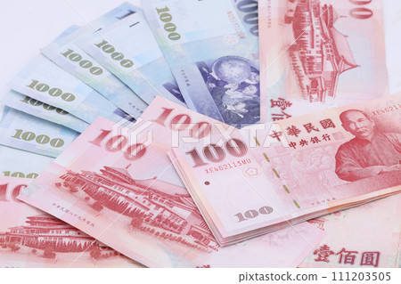Taiwan dollar banknotes background 111203505