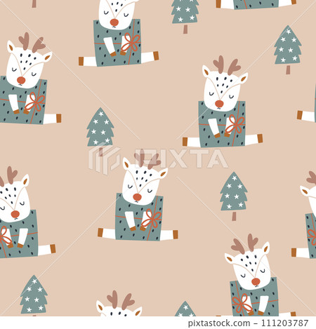 Holiday winter pattern with cartoon festive cartoon deer in gift boxes. Seamless xmas texture. Vector illustration 111203787