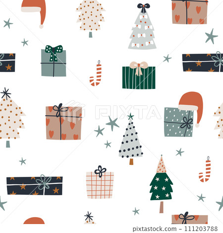 Holiday seamless pattern with gift boxes, Christmas tree, candy, Santa hat. Trendy winter vector background. Perfect for wrapping paper, fabric, textile Holiday seamless pattern with gift boxes, Christmas tree, candy, Santa hat. Trendy winter vector background. Perfect for wrapping paper, fabric, textile 111203788
