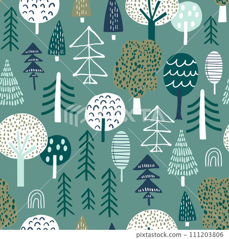 Woodland seamless pattern. Trendy forest texture with abstract hand drawn tree. Perfect for textile, fabric, apparel, wallpaper. Vector illustration Woodland seamless pattern. Trendy forest texture with abstract hand drawn tree. Perfect for textile, fabric, apparel, wallpaper. Vector illustration 111203806