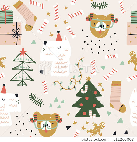 Seamless cartoon pattern with dogs, winter tree, gifts. Holiday xmas texture. Vector illustration Seamless cartoon pattern with dogs, winter tree, gifts. Holiday xmas texture. Vector illustration 111203808