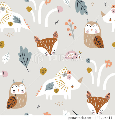 Childish forest pattern with dino, fox, owl, mushrooms. Woodland kids texture for fabric, textile, wallpaper. Vector illustration Childish forest pattern with dino, fox, owl, mushrooms. Woodland kids texture for fabric, textile, wallpaper. Vector illustration 111203811