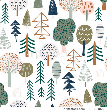 Woodland seamless pattern. Trendy forest texture with abstract hand drawn tree. Perfect for textile, fabric, apparel, wallpaper. Vector illustration Woodland seamless pattern. Trendy forest texture with abstract hand drawn tree. Perfect for textile, fabric, apparel, wallpaper. Vector illustration 111203822