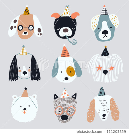 Cartoon collection of dog faces childish print. Funny hand drawn festive dogs in party hats isolated on white. Vector illustration 111203839