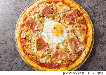 Pizza Bismarck is a style of pizza in Italian cuisine prepared with tomato sauce, mozzarella, mushrooms, prosciutto, and egg closeup on the wooden board. Horizontal top view 111203851