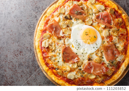 Bismark is the name of a traditional Italian pizza topped with tomato sauce, mozzarella, prosciutto, and egg closeup on the wooden board. Horizontal top view Bismark is the name of a traditional Italian pizza topped with tomato sauce, mozzarella, prosciutto, and egg closeup on the wooden board. Horizontal top view 111203852