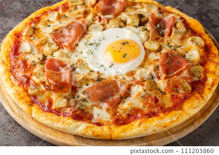 Pizza Alla Bismarck a basic pizza dough is topped with tomato sauce, mozzarella, mushrooms, prosciutto, and egg closeup on the wooden board. Horizontal 111203860