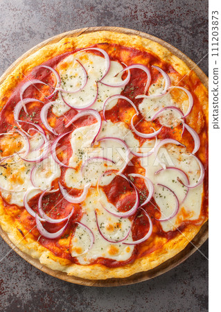 Pugliese Pizza a basic pizza dough is topped with tomato sauce, mozzarella, and red onion closeup on the wooden board. Vertical top view Pugliese Pizza a basic pizza dough is topped with tomato sauce, mozzarella, and red onion closeup on the wooden board. Vertical top view 111203873