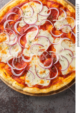 Traditional Pugliese Pizza made of Apulian mozzarella with tomato and onion closeup on the wooden board. Vertical top view Traditional Pugliese Pizza made of Apulian mozzarella with tomato and onion closeup on the wooden board. Vertical top view 111203877