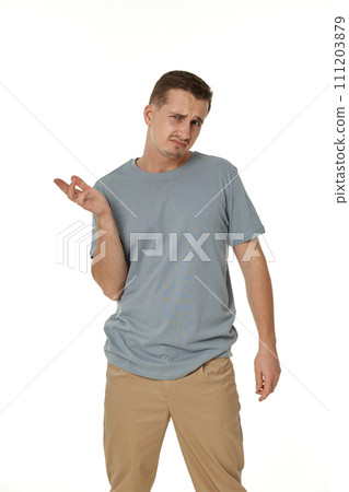 Young confused puzzled man isolated on white background Young confused puzzled man isolated on white background 111203879