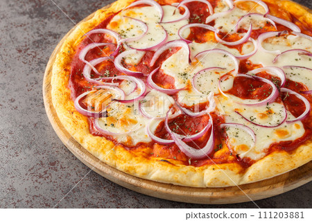 Italian Pizza pugliese topped with tomato sauce, melted cheese and lots of red onion close-up on a wooden board. Horizontal Italian Pizza pugliese topped with tomato sauce, melted cheese and lots of red onion close-up on a wooden board. Horizontal 111203881