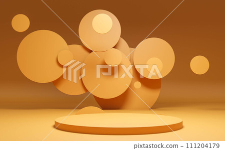 a platform podium for presentation purposses. Abstract Circular Shapes Assembled in An Artistic Arrangement on Beige Background 3d render illustration 111204179