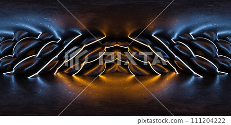 Abstract dar futuristic studio wall golden and blue lighting and round Geometric Shapes360 panorama vr environment map 111204222
